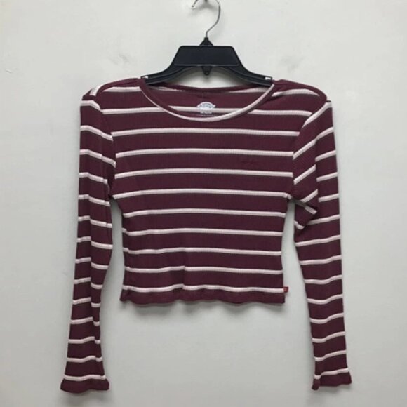 Dickies Womens Crop Top Red White Striped Long Sleeve Ribbed Logo Juniors M New - Picture 1 of 5
